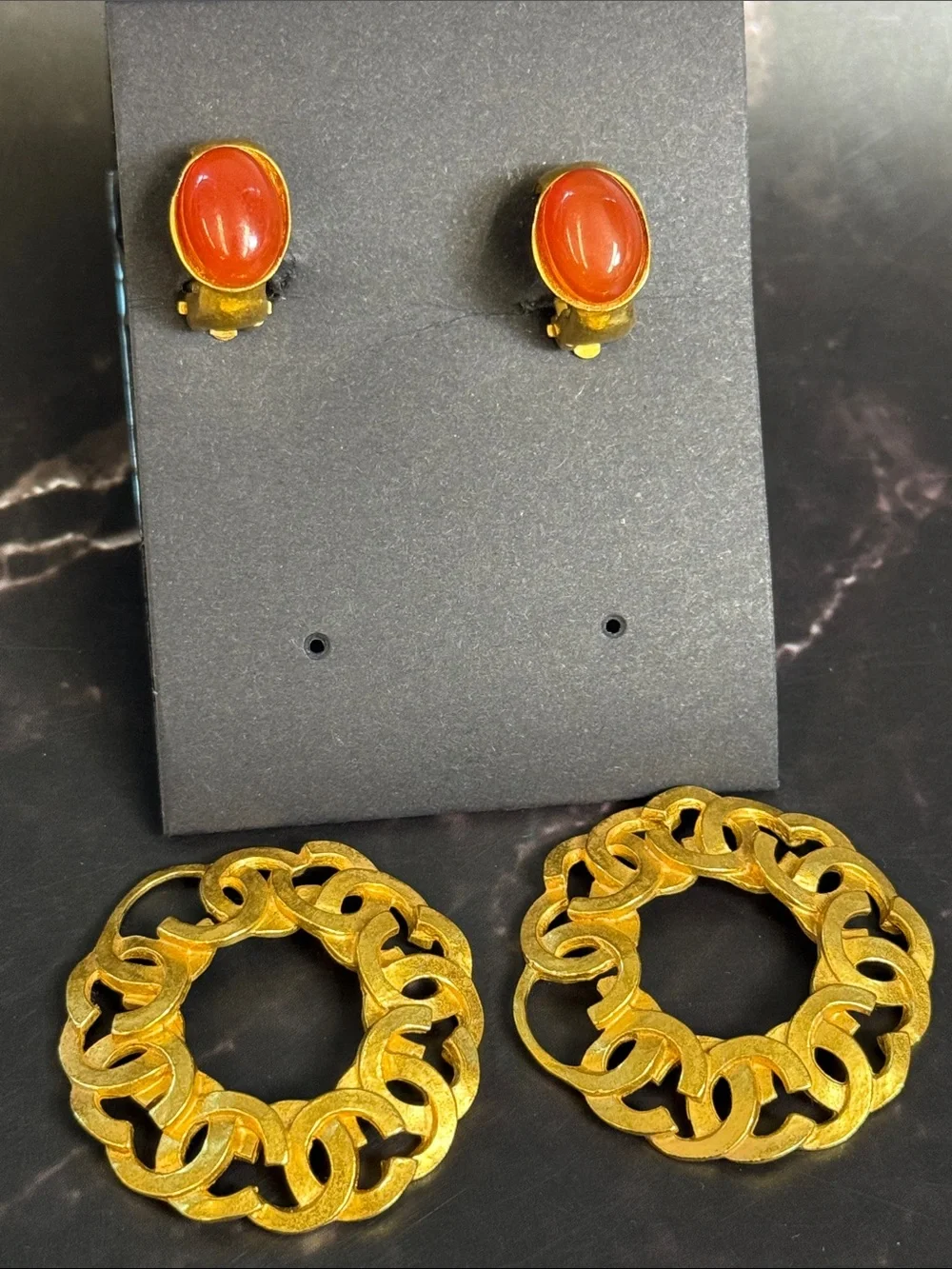 CHANEL Gold-Tone Link Hoop Earrings with Red Cabochon